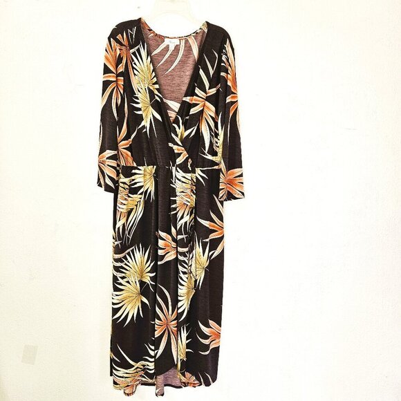 Misa Women's Plus Size 3X Faux Wrap Maxi Dress Bold Floral Brown Pink Print - Picture 1 of 9